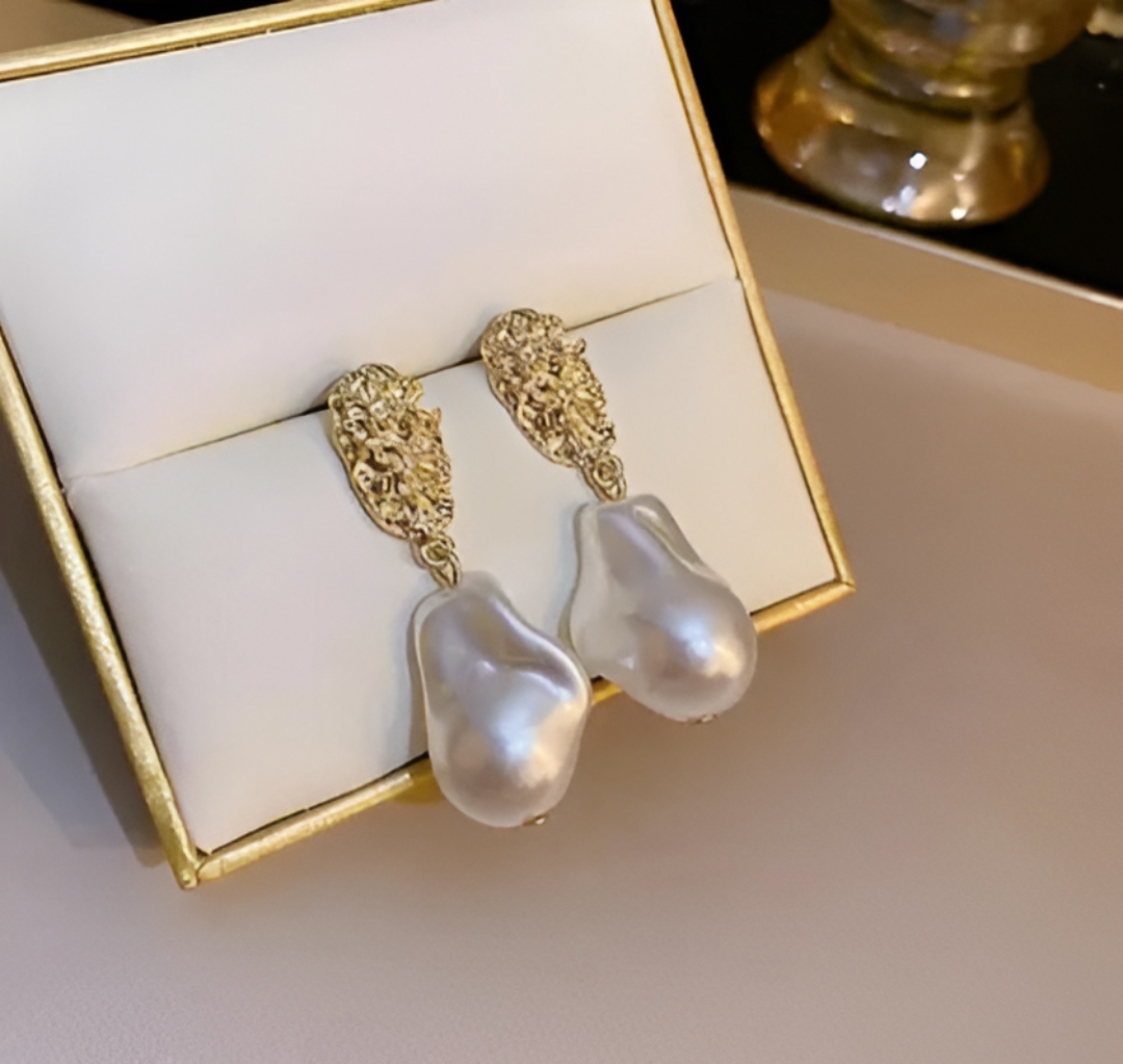 Gold Textured Baroque Pearl Earrings