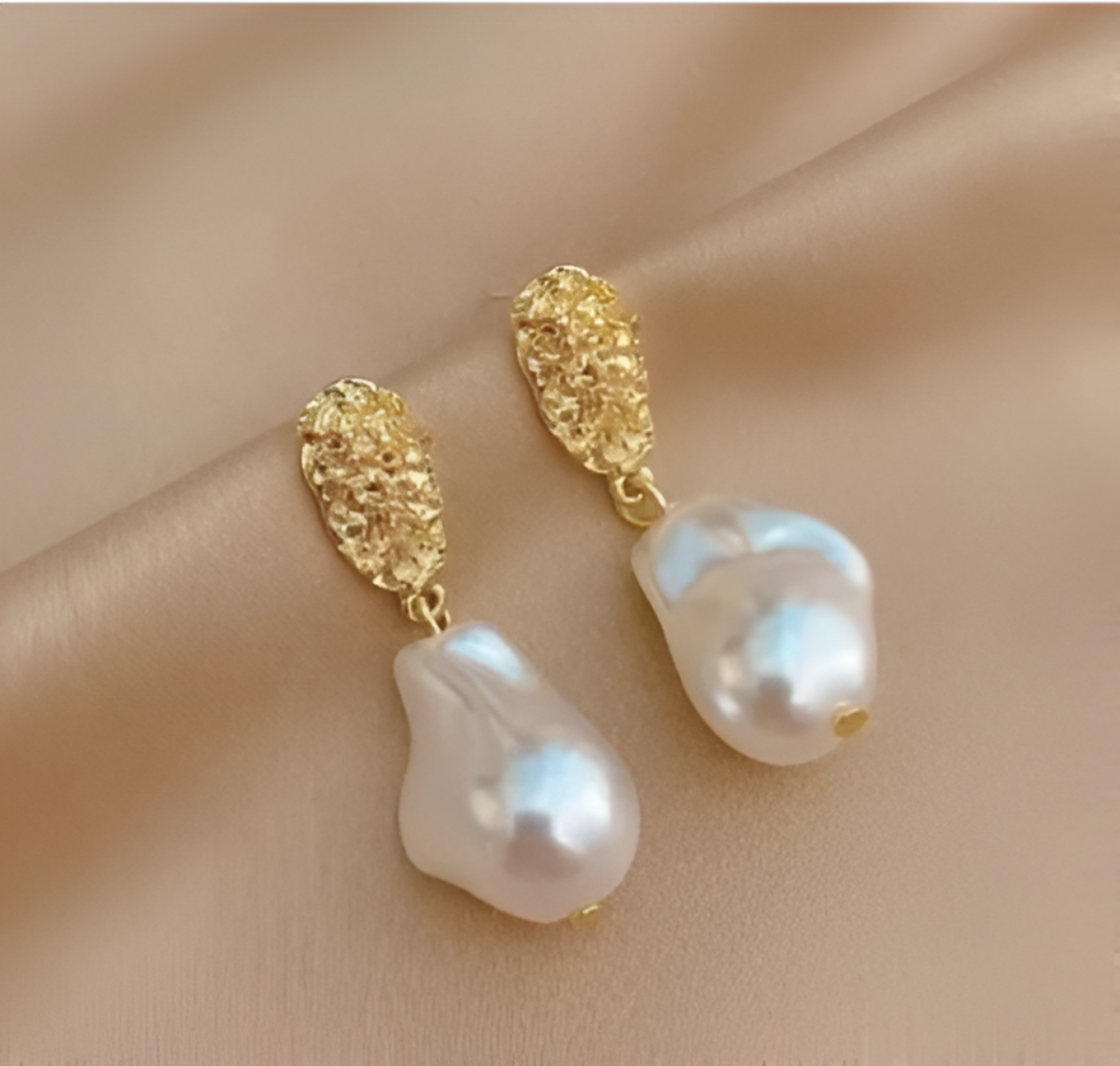 Gold Textured Baroque Pearl Earrings