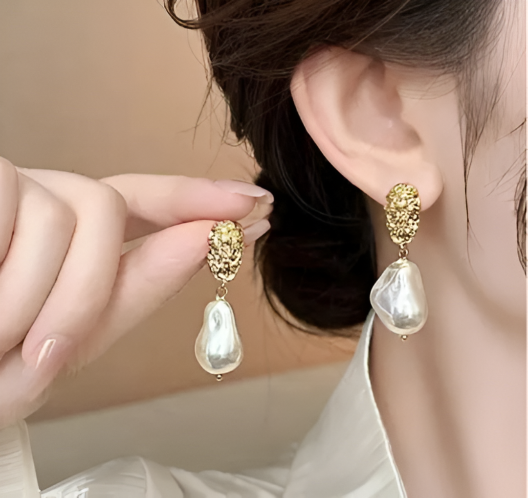 Gold Textured Baroque Pearl Earrings