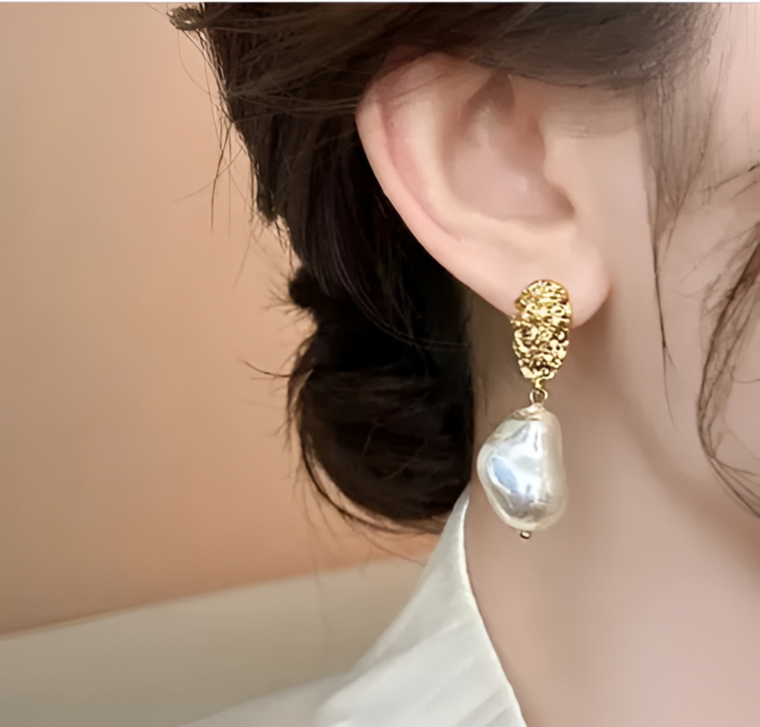 Gold Textured Baroque Pearl Earrings