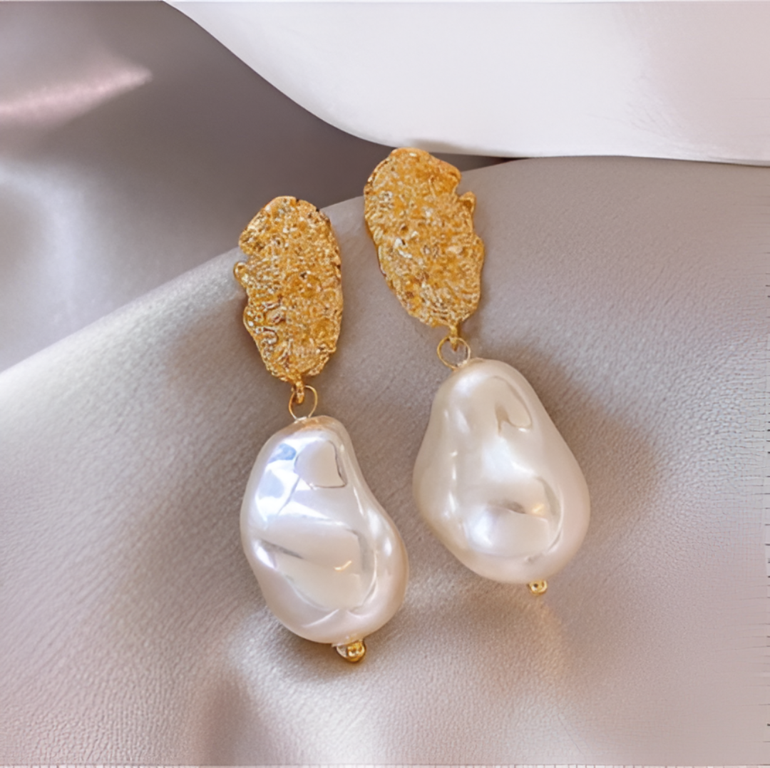 Gold Textured Baroque Pearl Earrings