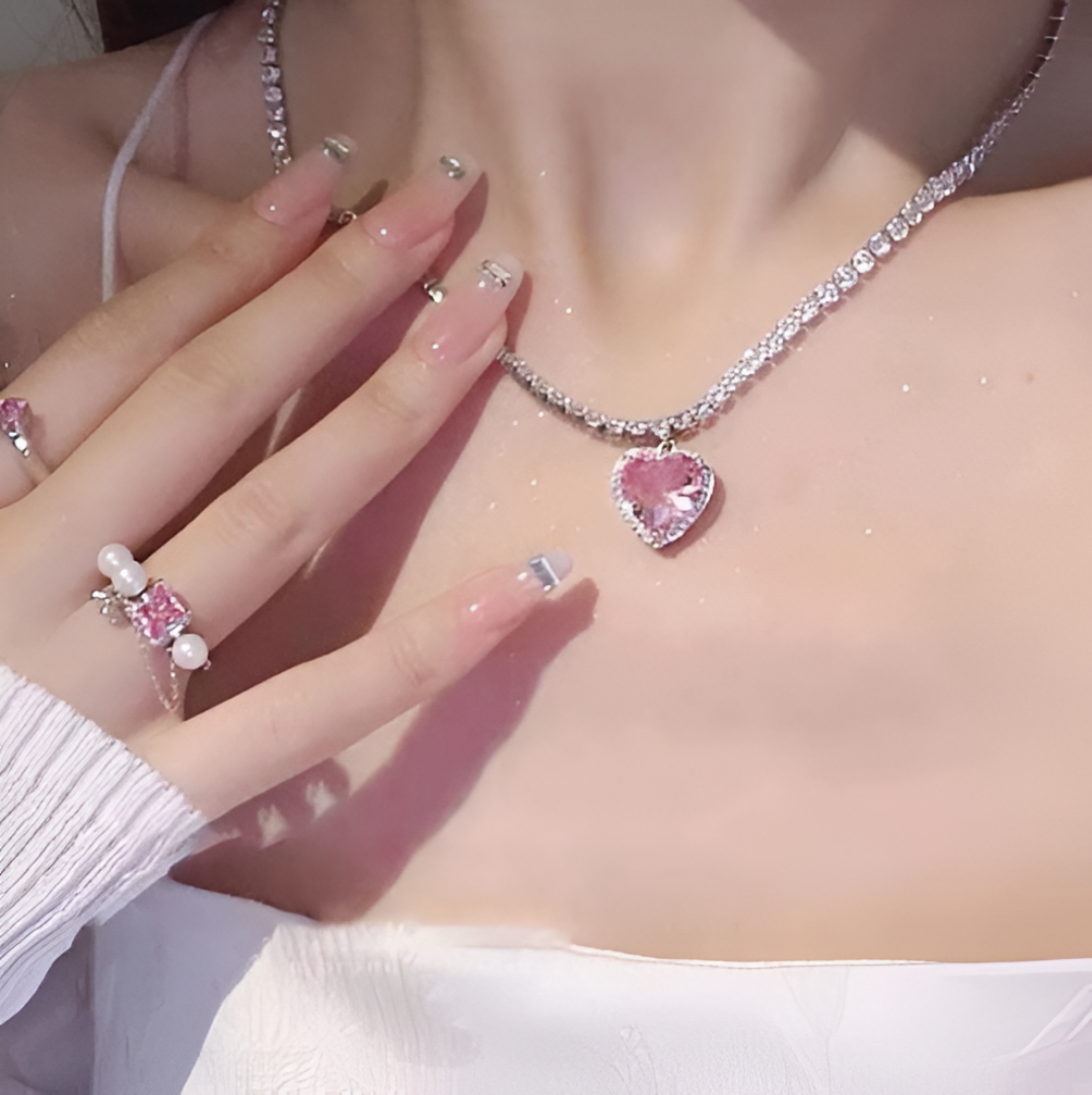 Pink Heart Stone Choker Necklace